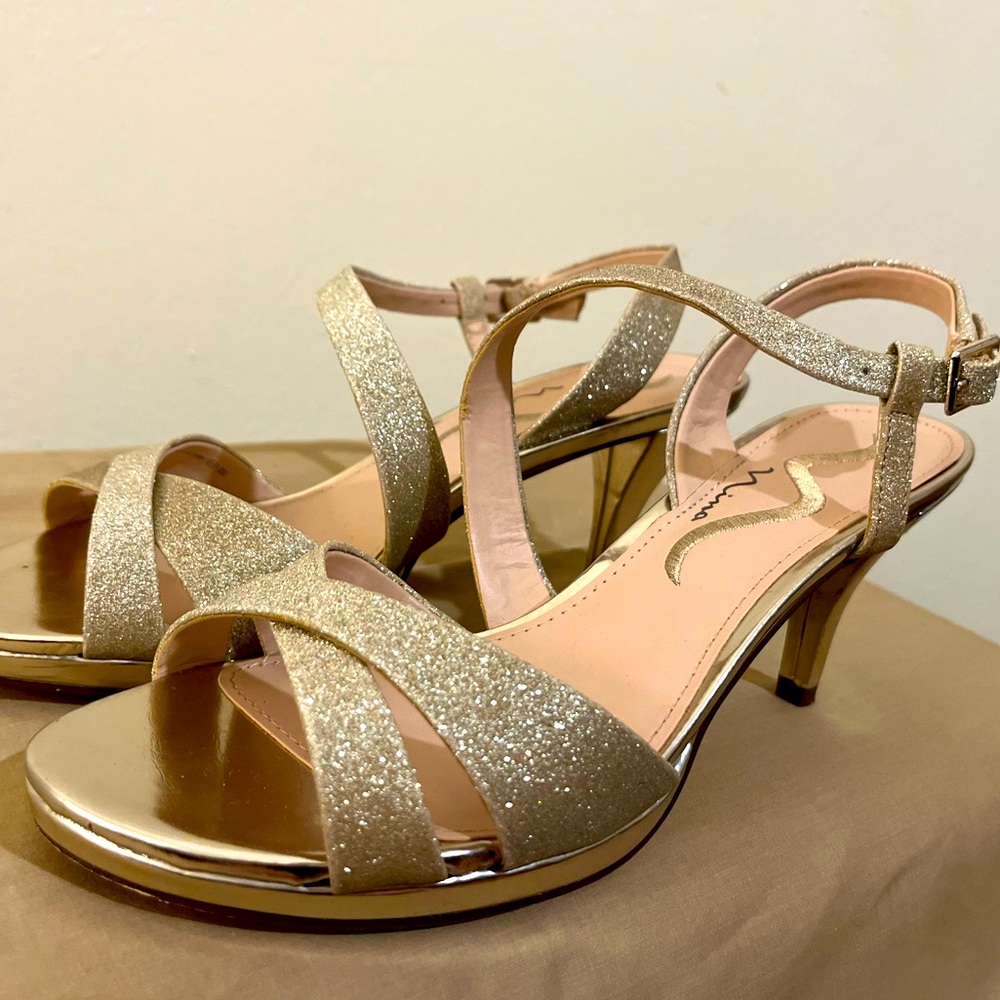Nina Nazlee Platino Platform Dress Sandals Heels- Sparkly Gold Sz 7M